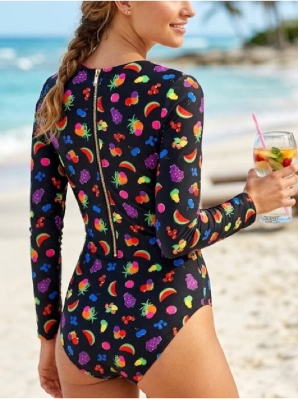 Kate Spade New York women’s long-sleeve, back zip rash-guard swimsuit